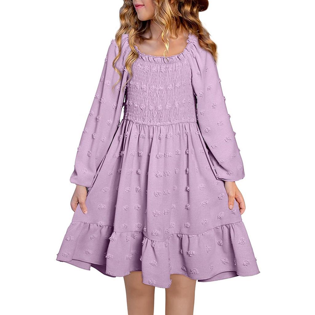 Girls' Fashionable And Cute Solid Color Long-Sleeved Square Neckline Pleated Dress