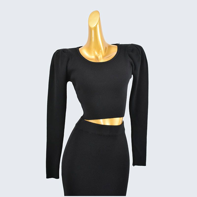 Thick Round Neck Bubble Long Sleeve Short Bottoming Shirt Elastic Waist Mid Length Long Length Solid Color Rib Fabric Back Slit Two-piece Set Pack