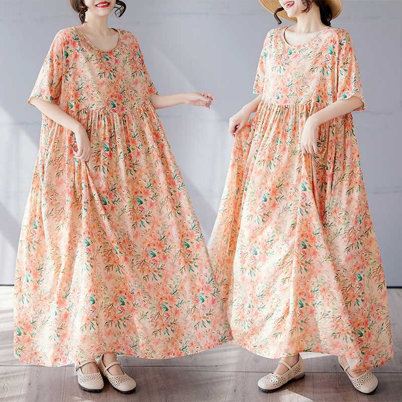 Simple and Fashionable Long Skirt Summer Short Sleeved Round Neck Printed Dress