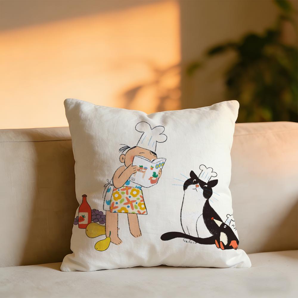 Illustrations Of Everyday Life Cushion Cover Cozy Velvet Throw PillowSoft Warm Cushion For Sofa Bed