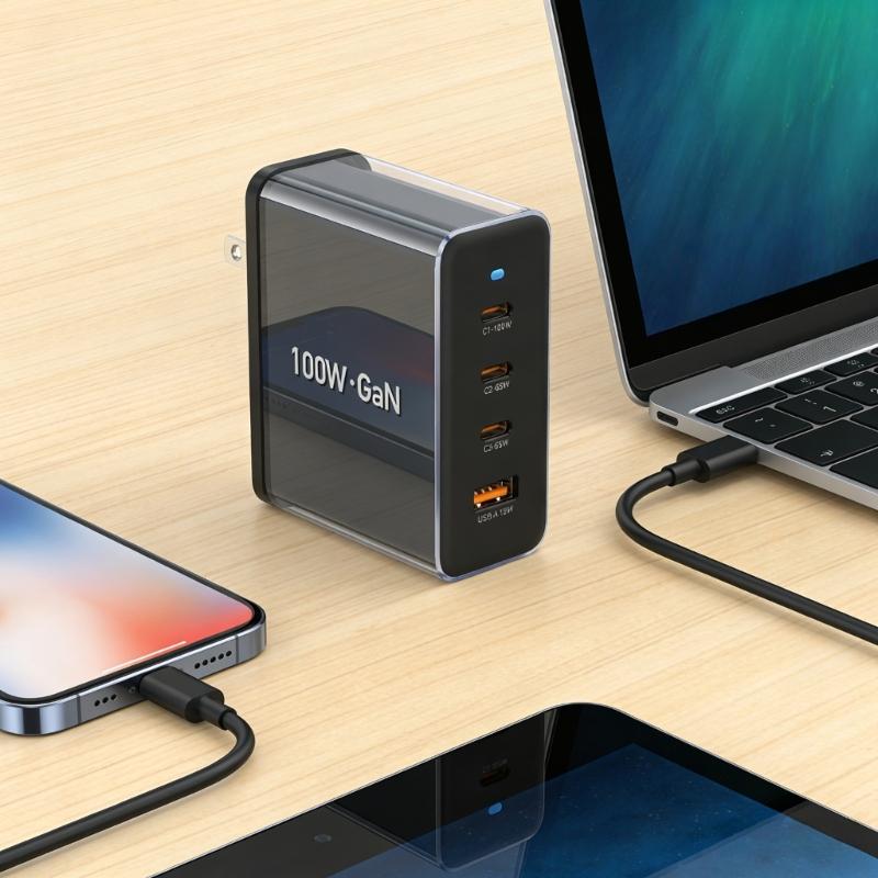 100W USB C Power Adapter With 4 Port Aluminum Alloy Fast Charging Adapter For Laptop Phones Tablets Power Adapter
