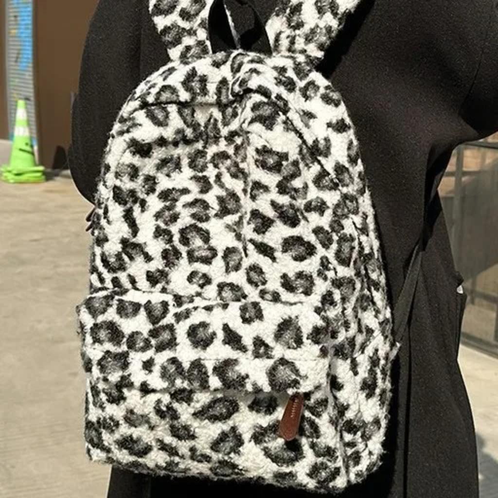 Y2K Vintage Plush Leopard Print Backpack for Girls Large Capacity College Students Schoolbag Casual Portable Ladies Shoulder Bag