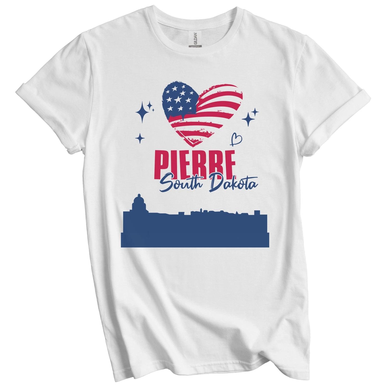 Pierre South Dakota Skyline American Flag Heart 4th of July T-Shirt S