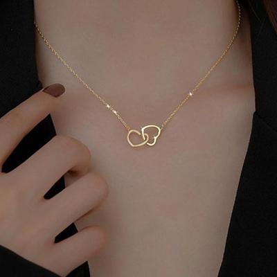 Basit Metal Çift Kalp Köprücük Zinciri, Mizaç İçi Boş Çift Halka Aşk Kilitli Kolye Kısa Kolye