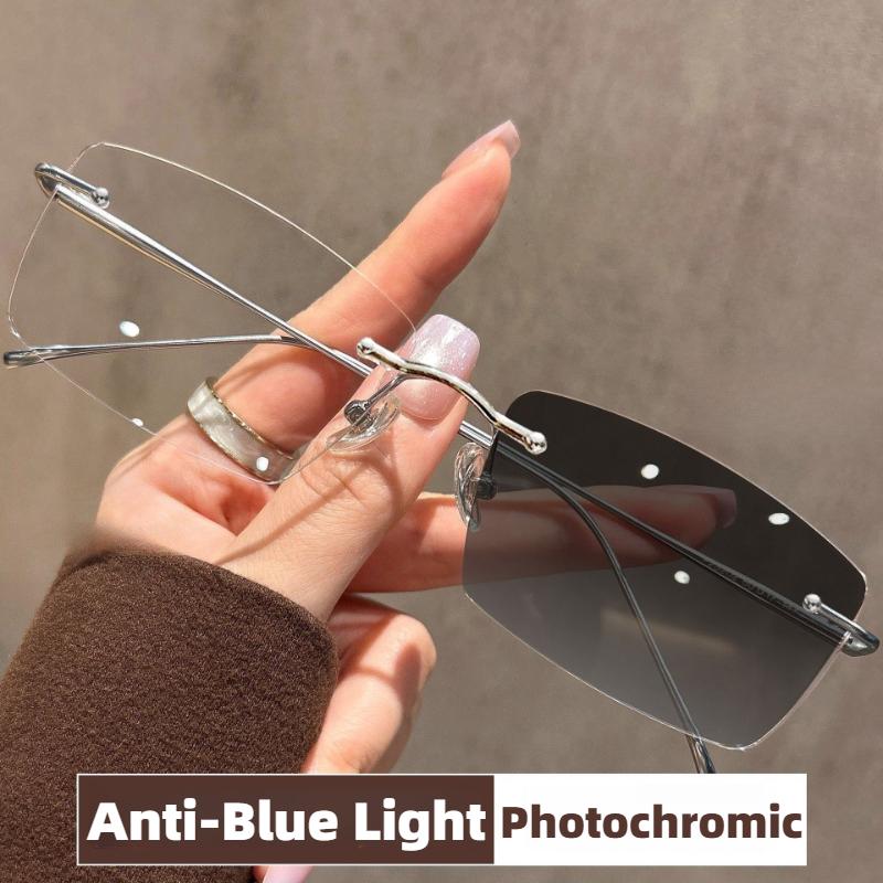 Photochromic Frameless Myopia Glasses for Women Ultra-Lightweight Square Frames with Blue Light Protection Minus Diopter Eyewear