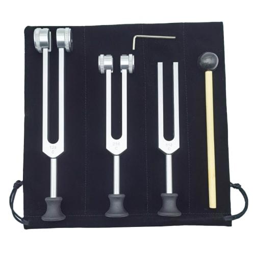 nijimomo Tuning Fork, Crystal Tuner Set with Mallets, Base, 128, 256, 512, and Storage Bag (Silver)