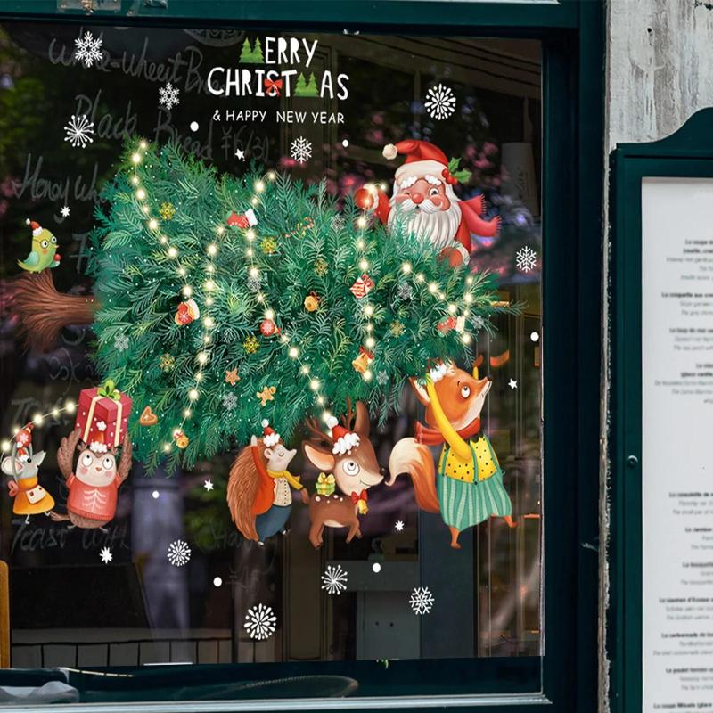 Cartoon Christmas Tree Window Display Glass Decoration Stickers Home Party Holiday Removable Self-adhesive Static Wall Sticker