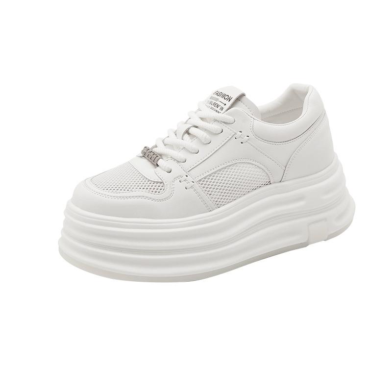 Leather mesh white shoes women's platform sports shoes women's inner height increase casual lace-up board shoes women