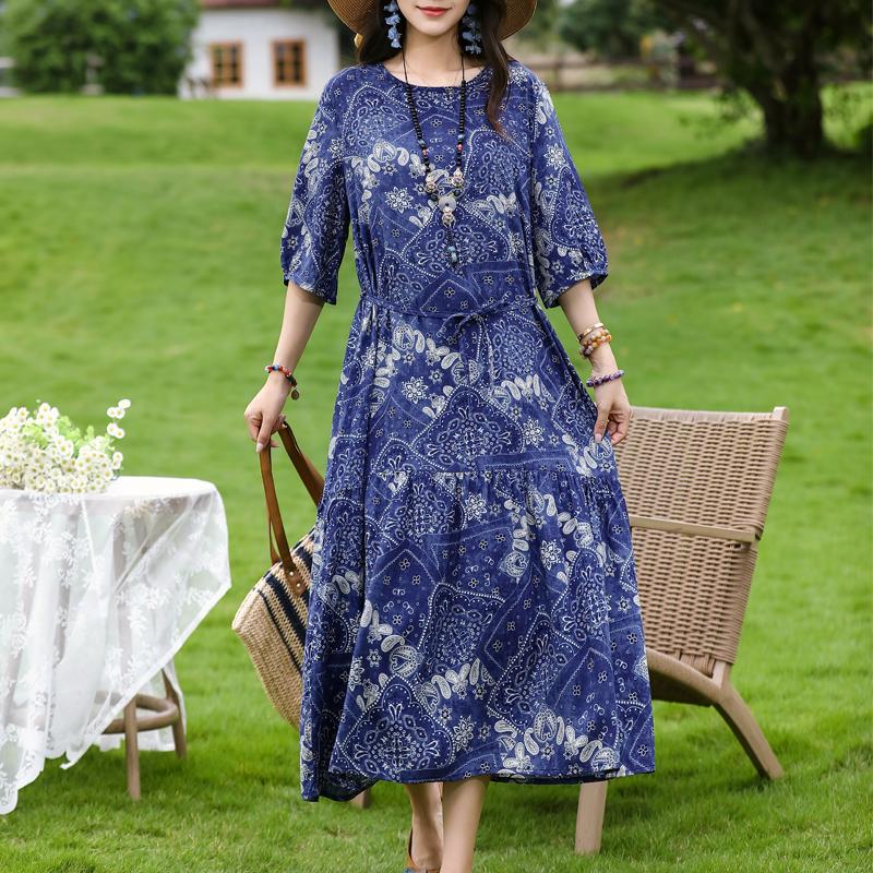 Women's Floral Print Maxi Dress, Tie Waist 3/4 Sleeve Casual Summer Dress (XL-5XL)