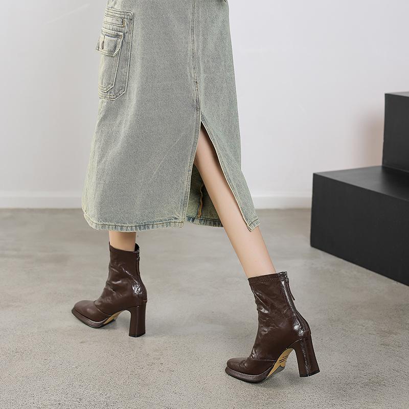 Krazing Pot Sheepskin Winter Square Thick High Heels Chelsea Boots Women Zipper Platform Ankle Boots