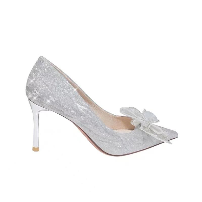 Fashion New High Heels Women's Shoes with Thin Heels 10cm Sexy Shallow Mouth Pointed Bow Crystal High Heels Wedding Banquet Bridal Shoes