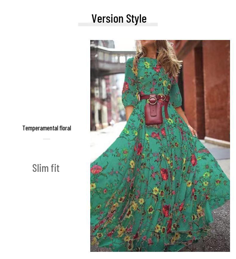 Retro Floral Long Dress with Round Neck and Large Swing - 2024 European & American Style
