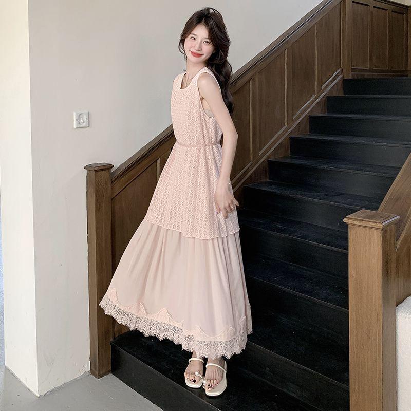Plus Size Slimming French Style Lace Patchwork Two-Piece Tank Dress for Women