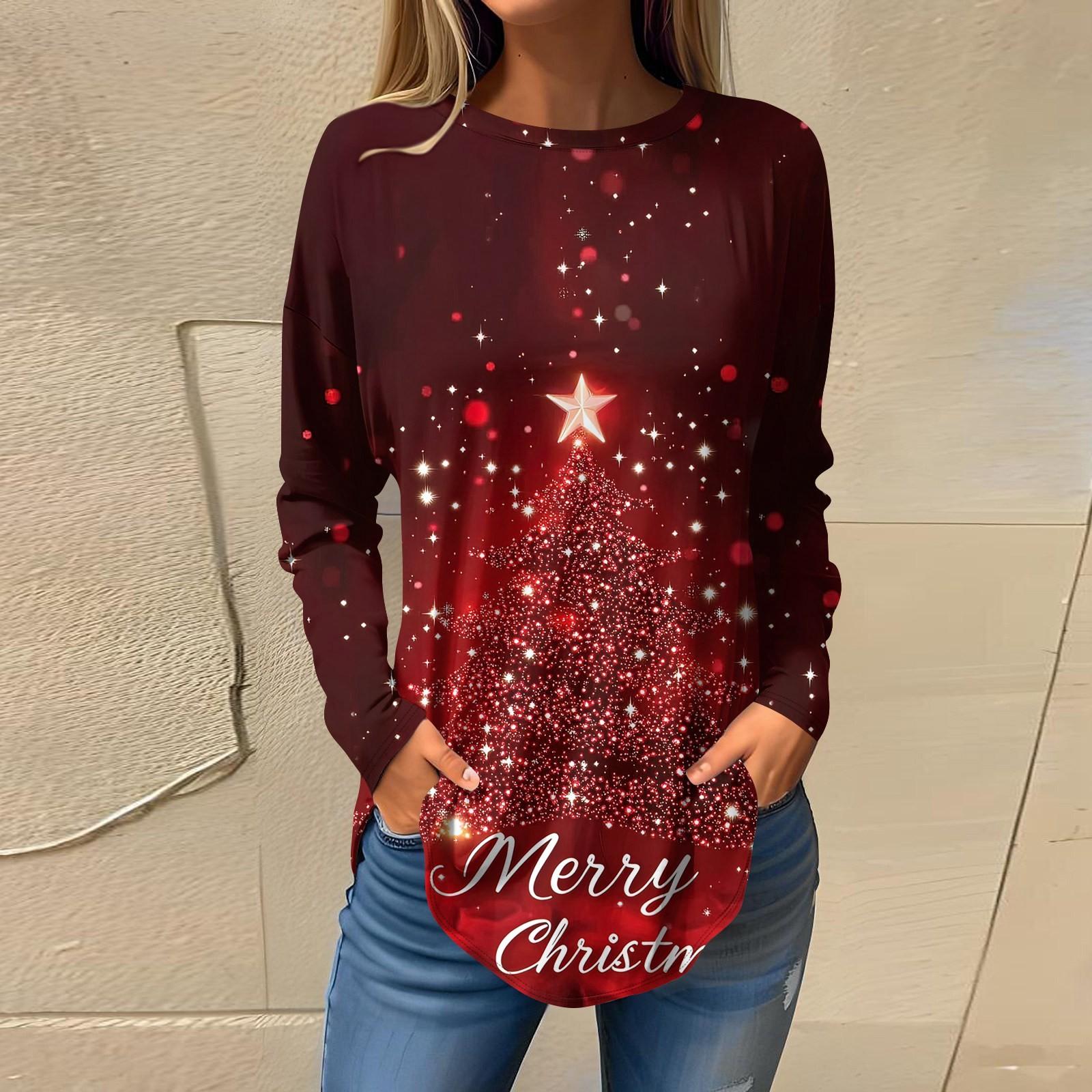 

Женская свободная футболка с круглым вырезом и рождественским принтом, длинный рукав, пуловер XL винный