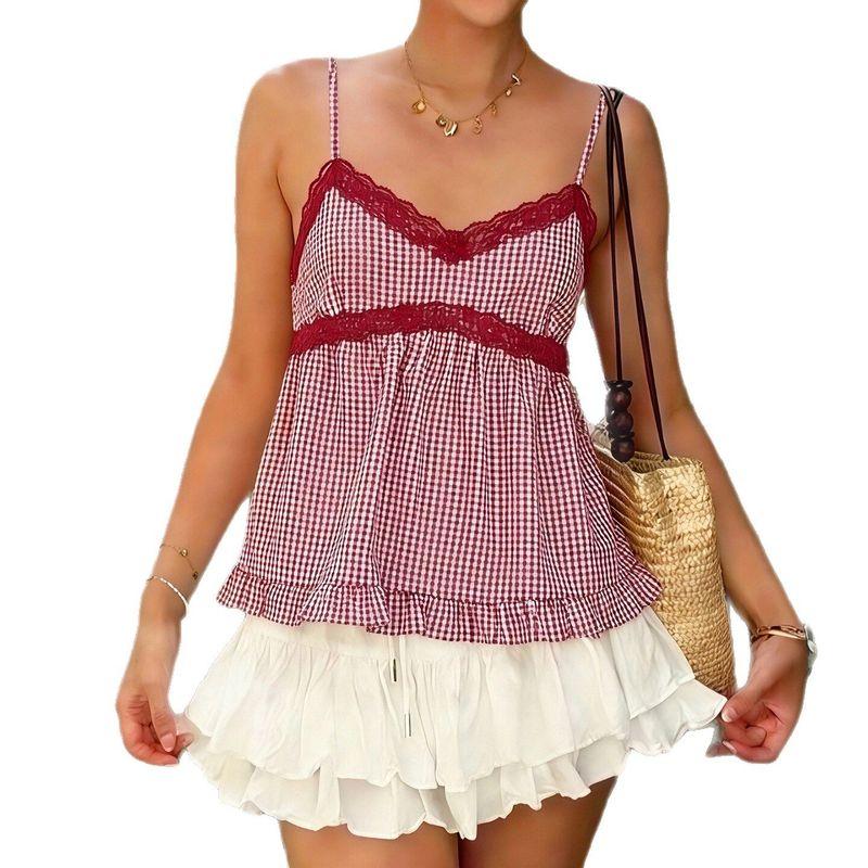 European and American Style Fresh Plaid Print Lace Patchwork Trim Vest, Cute and Simple Sleeveless Slim-Fit Babydoll Tank Top