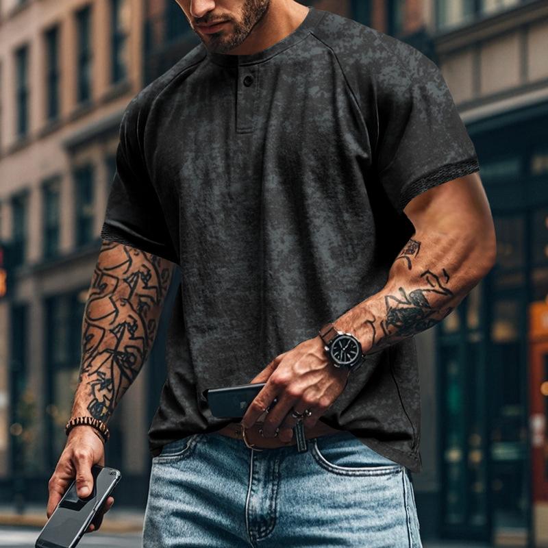 Retro Vintage Pánské tričko s krátkým rukávem s límečkem Henry Slim Fit s ramenní vsadkou Americký oversized styl Pánská košile s krátkým rukávem