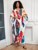 EDOLYNSA Plus Size Kaftan Bohemian Multicolored Leaves Printed Summer Long Beach Dress Women Homewear Outfit Swim Suit Cover Up Loose Caftan