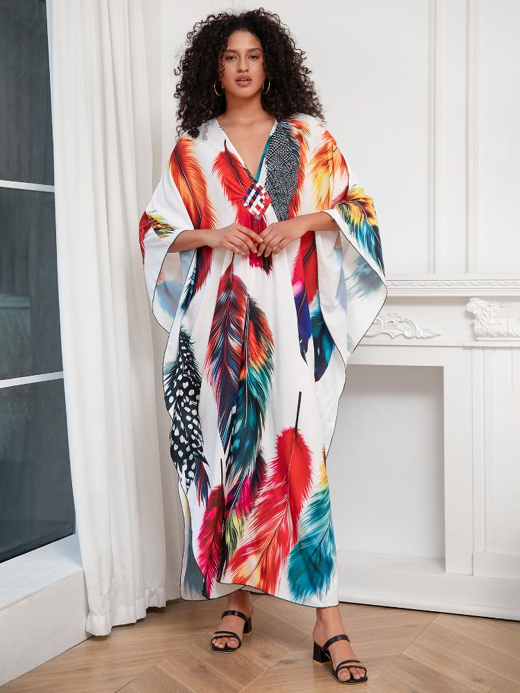 EDOLYNSA Plus Size Kaftan Bohemian Multicolored Leaves Printed Summer Long Beach Dress Women Homewear Outfit Swim Suit Cover Up Loose Caftan