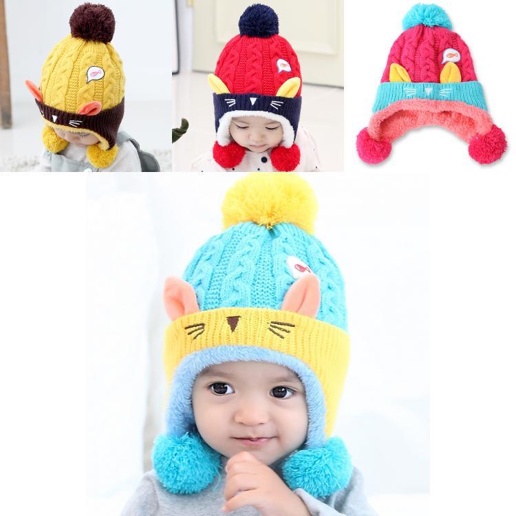Cozy Baby Knitted Hat For Winter With Cute Cat Design Thickened Plush Ears Suitable For Boys And Girls Aged 5 To 24 Months Available In Red Yellow
