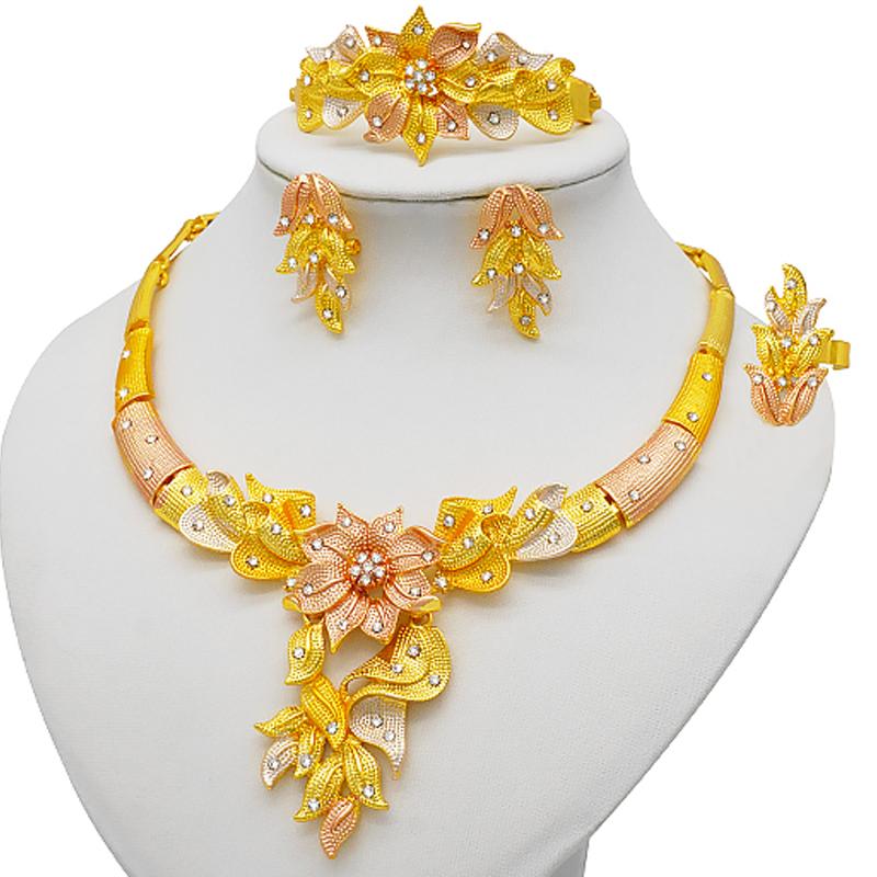 Dubai Gold Color Jewelry Sets African Indian Wedding Bridal Wife Gifts Necklace Bracelet Earrings Ring Jewelery For Women