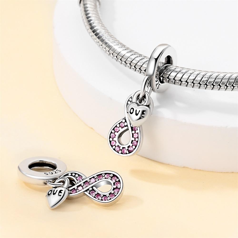 Original Copper Charms Luxury Pink Zircon Infinite Heart Pendant Beads Fit Bracelet Diy Women Making Delicate Gift