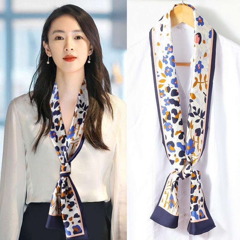 Long small silk scarf spring and summer new with shirt streamer multi-functional belt hair tie high-end printed scarf