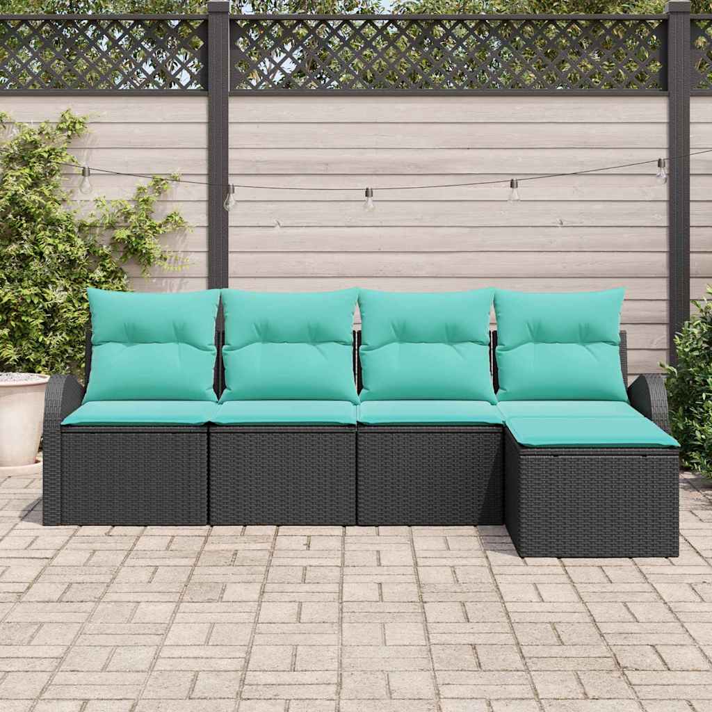 Sofa Set with Cushions 5 pcs Black and Turquoise Poly Rattan