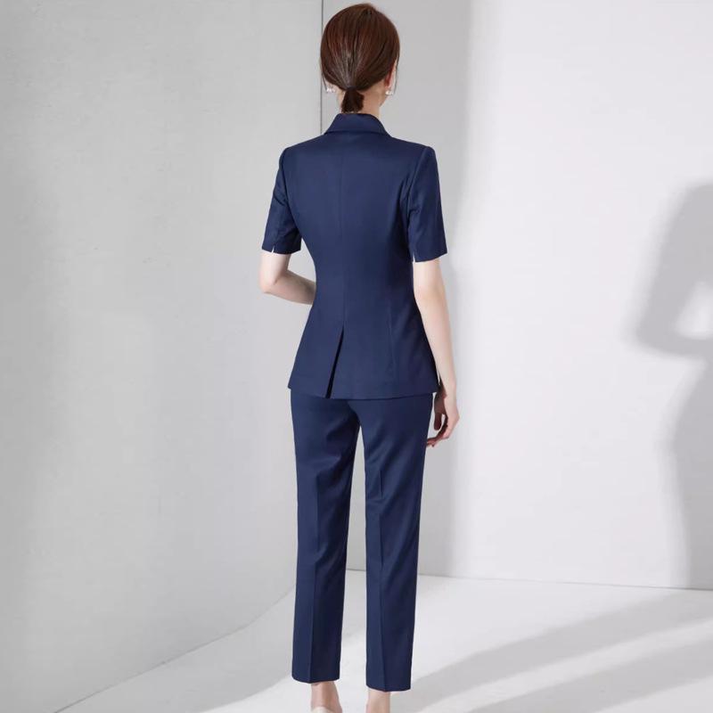 Navy Blue Short Sleeve Double-Breasted Professional Suit Set