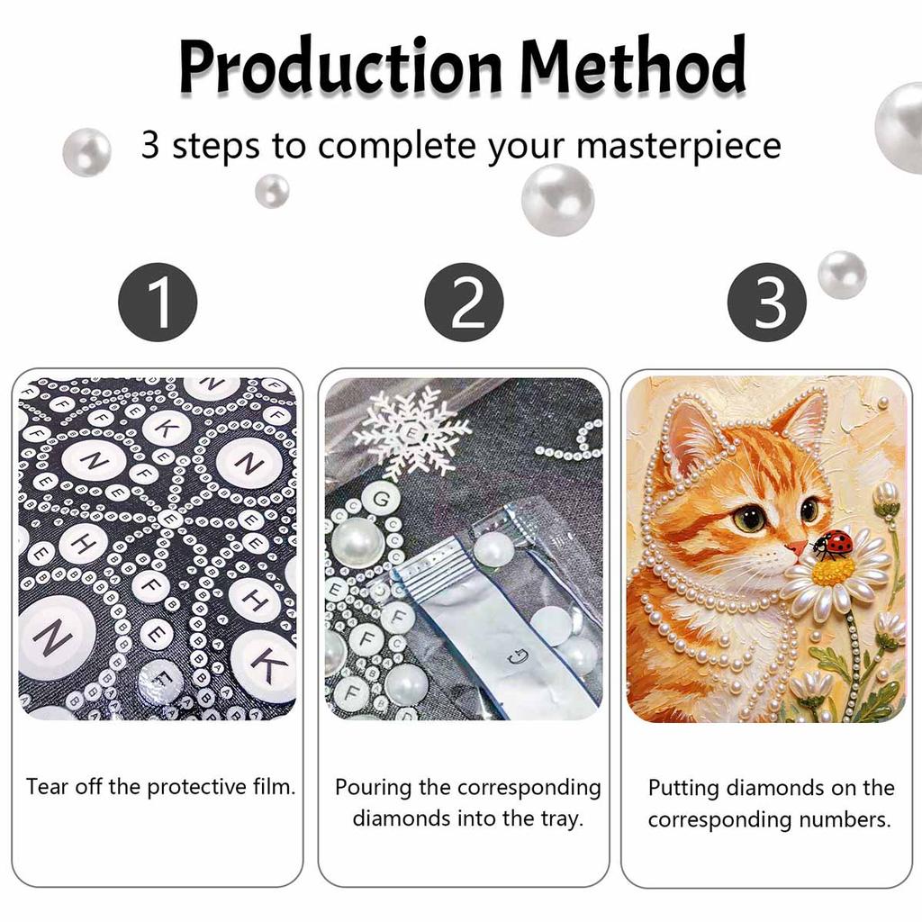 Frameless Pearl Painting Kit Cute Cat Pattern DIY 3D Bead Art Canvas Relaxing Handmade Craft for Adults Home Decor