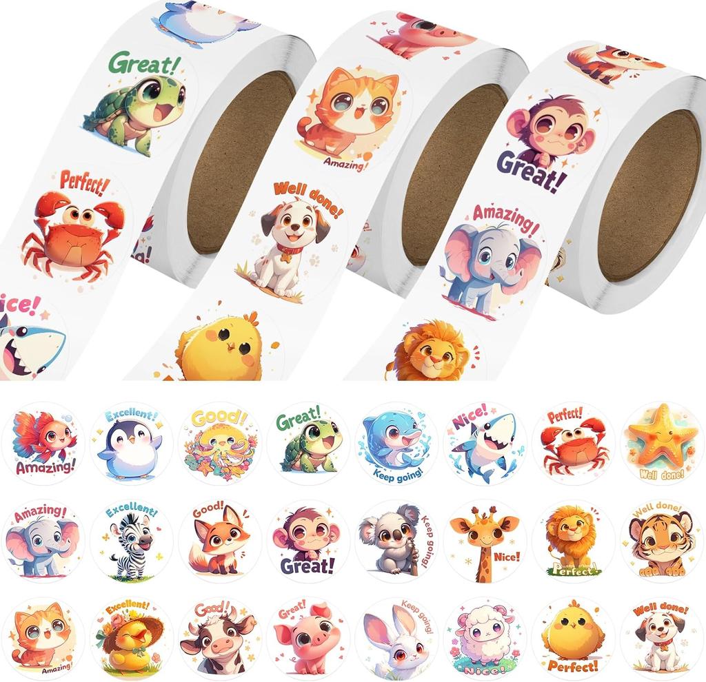 3 Rolls Animal Stickers 1500 PCS Bulk Toddlers 2-4 24 Designs Farm/Ocean/Wild Cute Waterproof Vinyl Motivational Words Kid