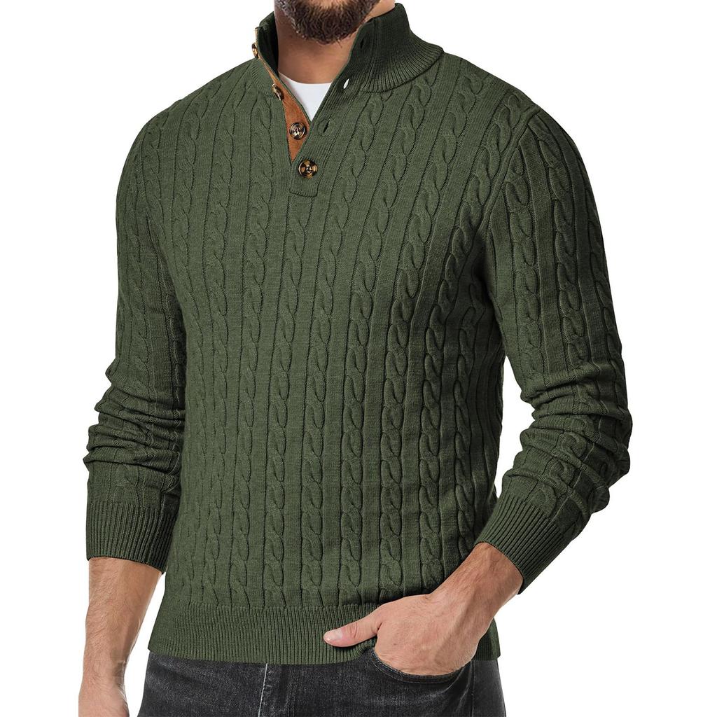 Men's Casual Sports Knit Sweater Slim Fit Button High Collar Patchwork Sweater