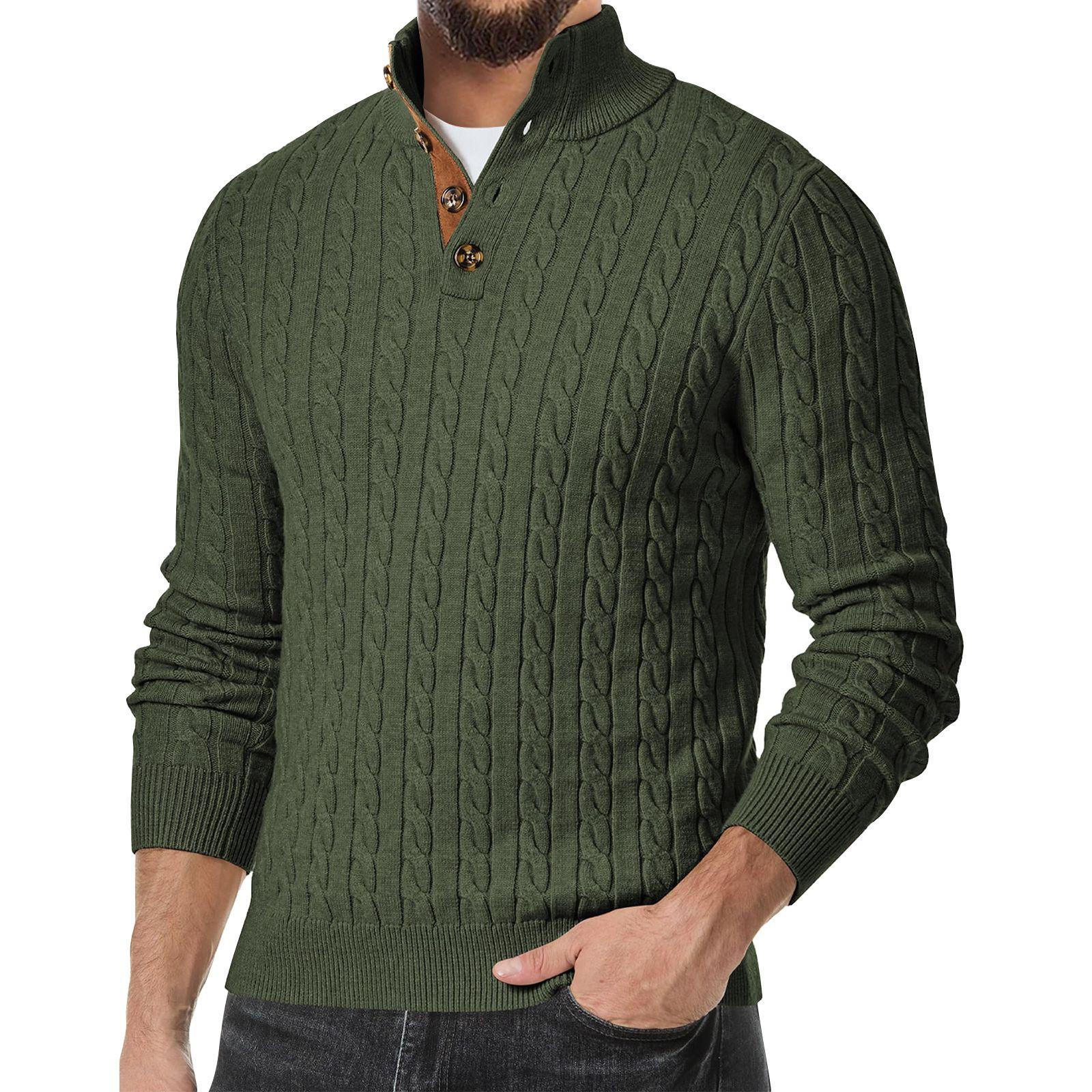 

Men s Casual Sports Knit Sweater Slim Fit Button High Collar Patchwork Sweater L армия зеленый
