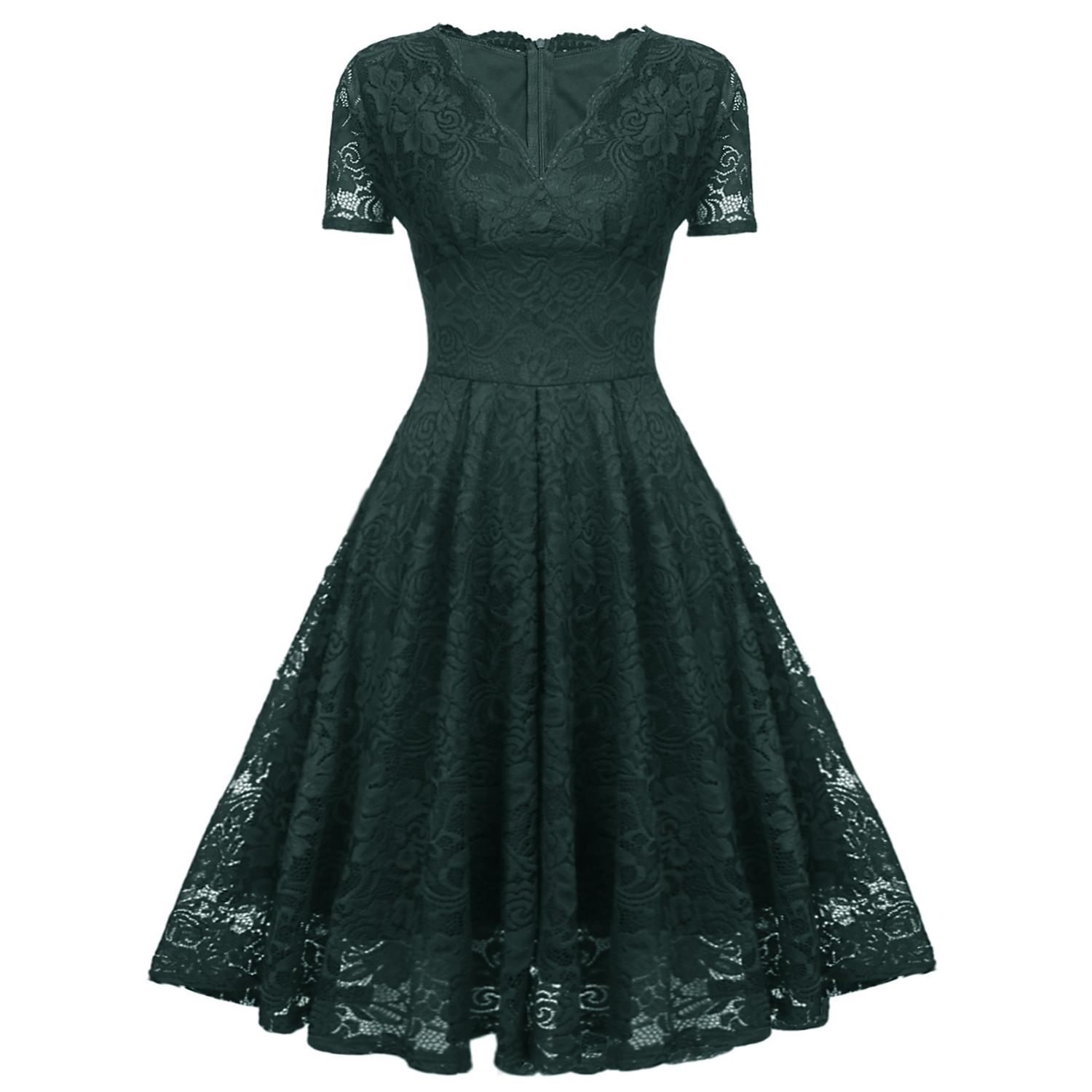 

Яскраве жіноче мереживне гребінець з V-подібним вирізом і короткими рукавами, облягаюча талія, міді-сукня для подружок нареченої, коктейльне вечірнє вбрання для гостей. M зелений