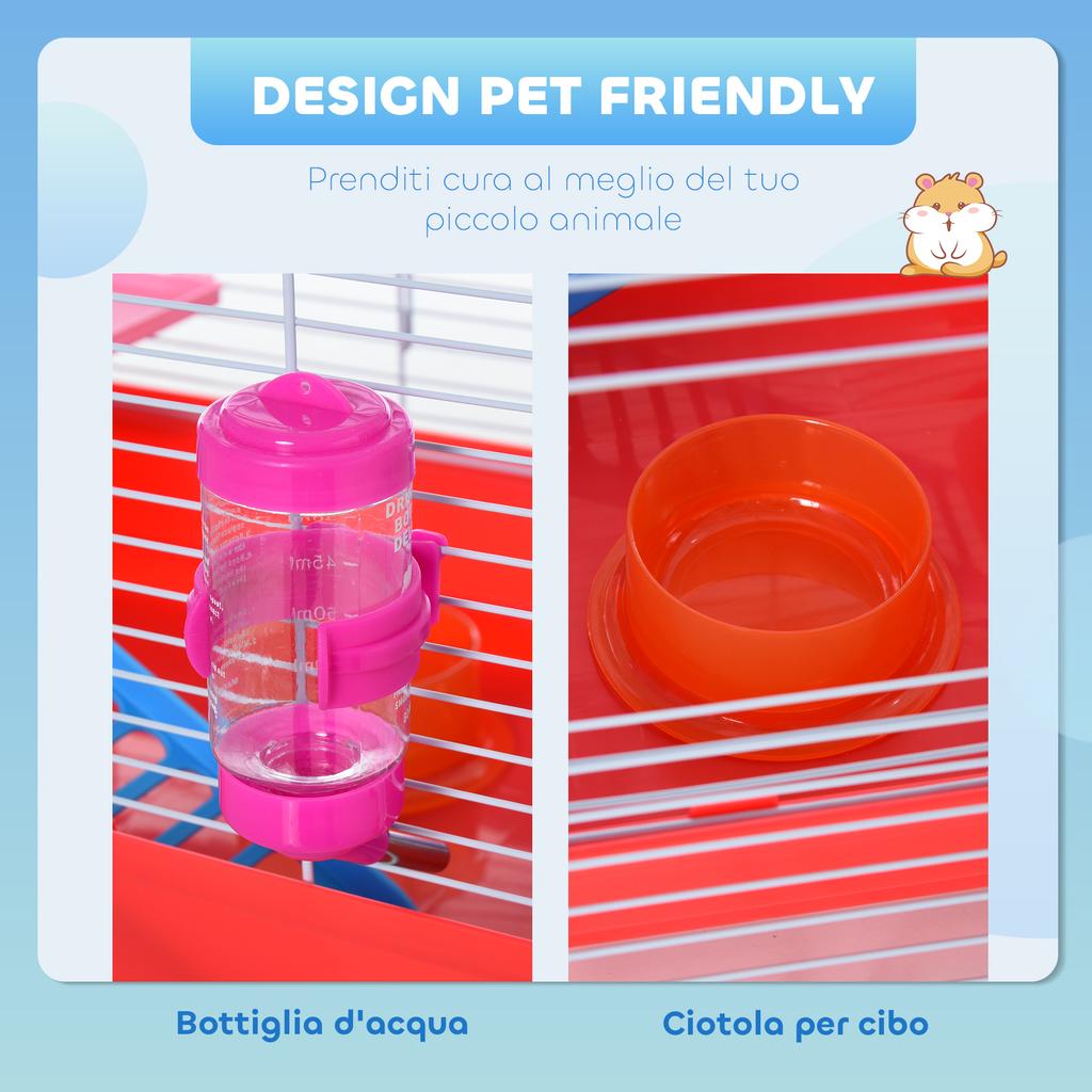 2-Tier Metal and PP Hamster Cage with House, Water Tank and Wheel, 47x30x27 Cm