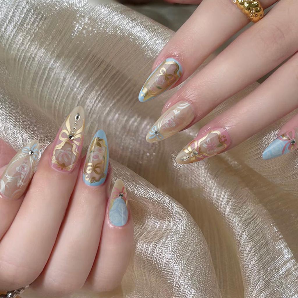 Artistic French Blue Waveing Fake Nail Almond Shapeds ABS Material Comfortable Wear No Tools Required