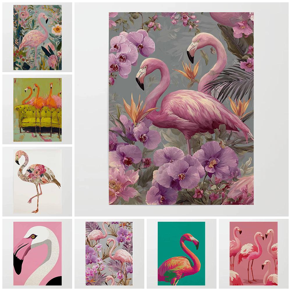 Colorful Vintage Flamingo Illustration Posters Natural Flowers Modern Prints Canvas Wall Art Pictures Home Living Room Decor