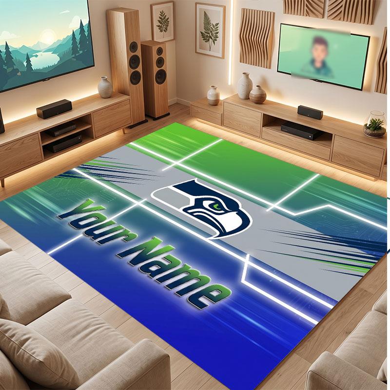 Seattle Seahawks Personalized Crystal Velvet Carpet, Customized Name Text Soft Anti‑Slip Rug for Living Room Bedroom