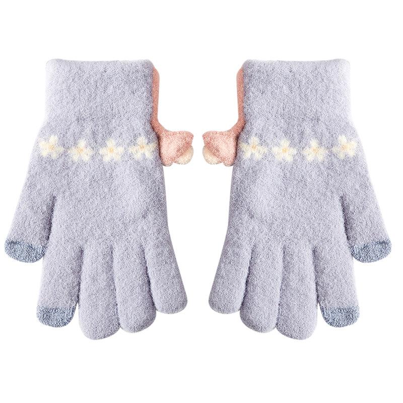 Korean Version of New Winter Touch Screen Knitted Warm Gloves for Women Cute Jacquard Three Dimensional Cat Plus Fleece Cartoon Five Finger