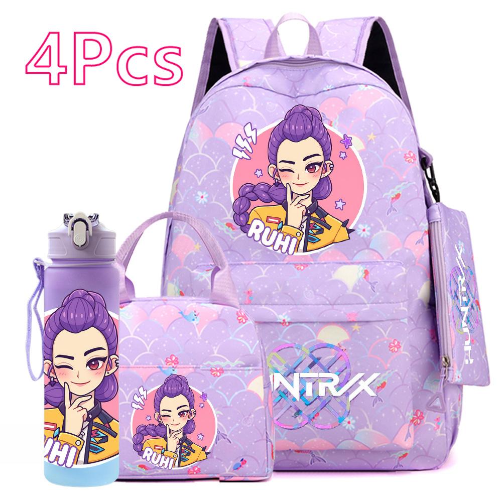 4-teiliges/Set K-POP Bedruckter Rucksack Große Kapazität Schultasche Handtasche Etui Tasche mit 750 ml Wasserflasche Junge Mädchen Schultasche wasserdicht Reisetasche Mochila