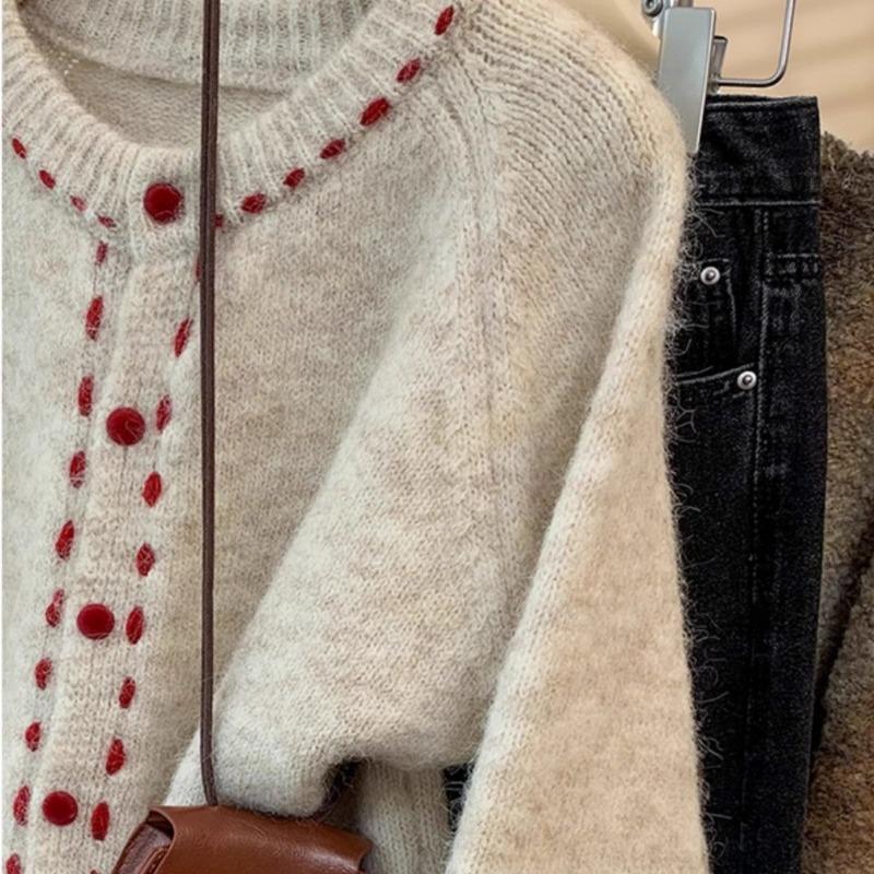 Soft Waxy Crew Neck Sweater Jacket Women's Autumn and Winter New Design Sense Outside Wear Lazy Knitted Cardigan Top