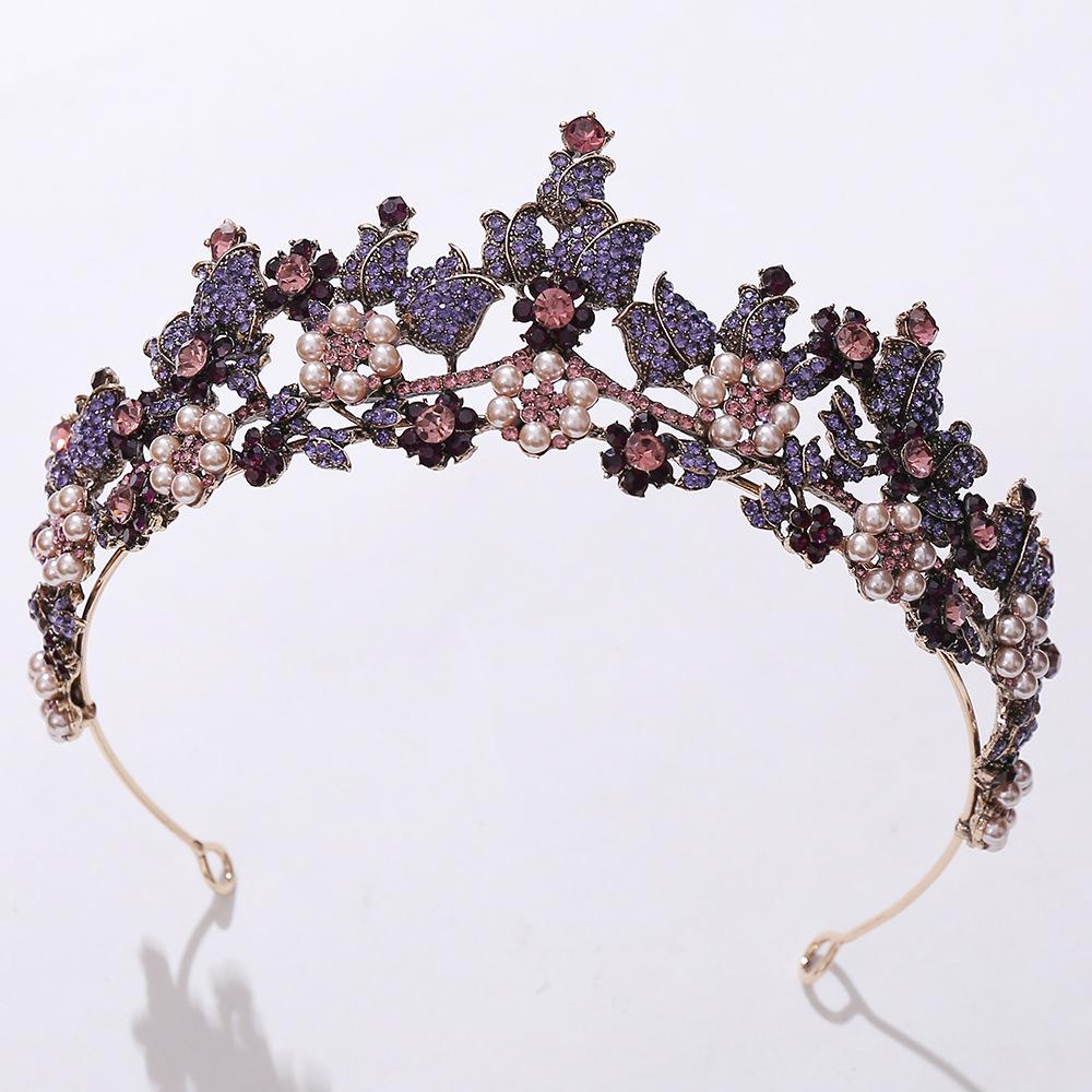 New diamond style retro forest style wedding hair accessories headband flower inlaid with rhinestones pearl purple bridal crown