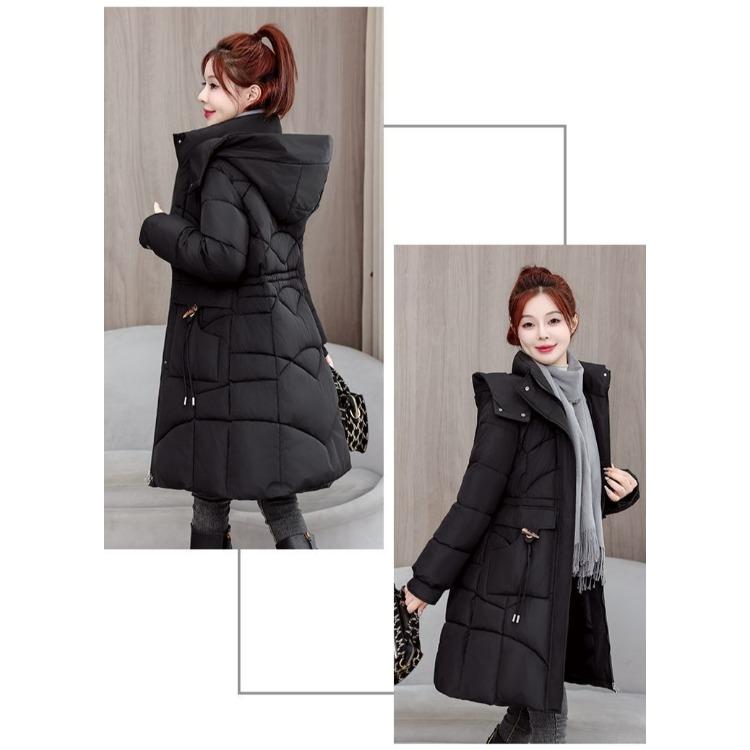 Damen Winter Schlank geschnittener Mittellanger Daunenmantel Dicke Warme Baumwoll-Pufferjacke mit Taillenraffung