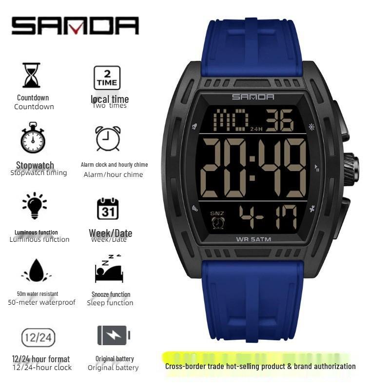 Sanda Men's Sports Watch - Luminous, 50M Waterproof, Electronic, Countdown Timer, Alarm, Calendar, Multifunction.