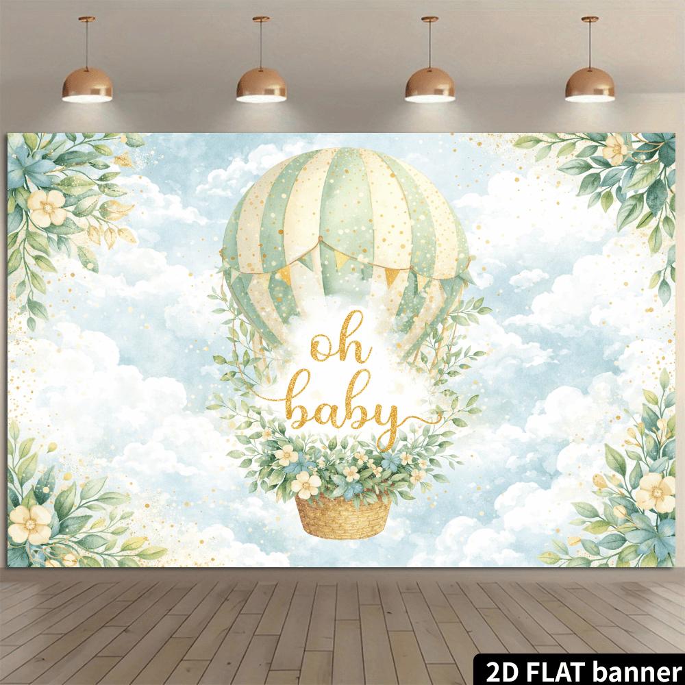 Hot air balloon oh baby baby shower backdrop fabric. Hot air balloon white clouds green plants scene. Polyester.
