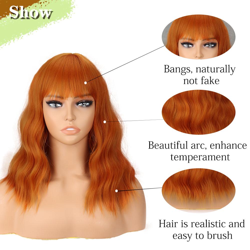 MISSQUEEN Synthetic Fiber Short Wavy Wig Middle Length Natural Wave Hair with Bangs for Women Orange Wig Cosplay Party