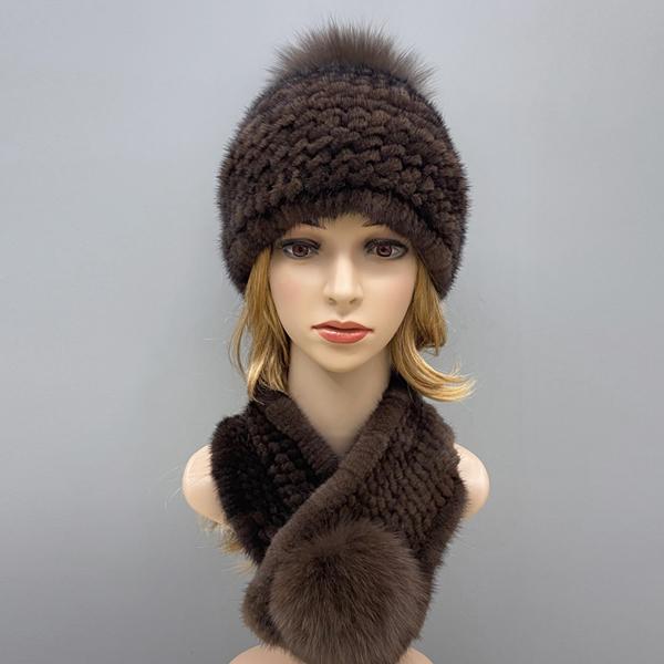 Zimowy Ciepły Damski Zestaw Czapka Szalik Dzianinowa Czapka z Pomponem Pokryta Futrem Norki Szalik z Naturalnego Futra Wysokiej Jakości