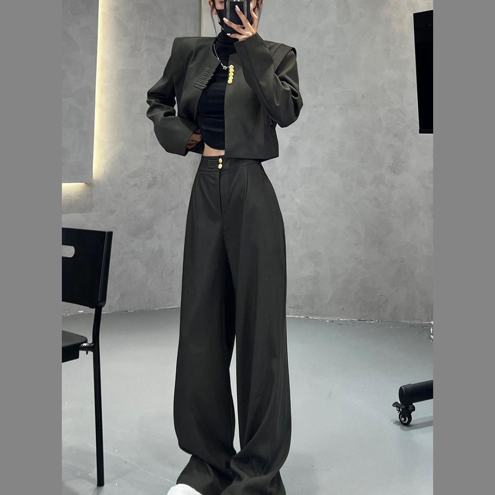 Dámský čínský retro dvoudílný set: Pánská bunda s dlouhým rukávem a kalhoty s vysokým pasem