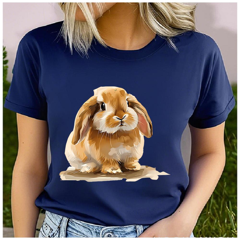 Women's Polyester 100% Cute Rabbit  Print T-shirt Loose Round Neck Casual Short Sleeve Fashion Top Wholesale Clothing Summer