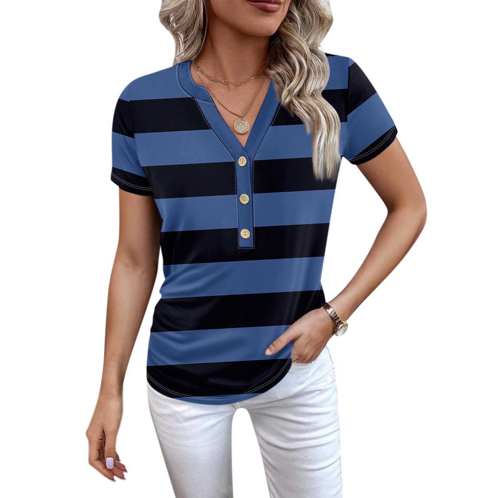 

Женская новая футболка с v-образным вырезом на пуговицах и модным принтом с коротким рукавом и ретро-принтом, повседневные топы, футболки большого размера L синий