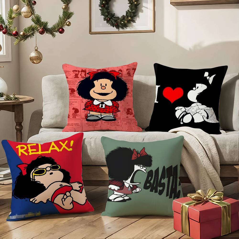 Quino Cartoon Cute Girl Mafalda-M Pillow Case Silky Elegant Comfort Sofa Bed  Invisible Zipper Beach Pillowcase